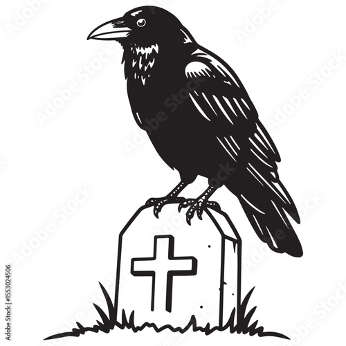 Silhouette of a crow perched on a tombstone in a cemetery with a simple cross