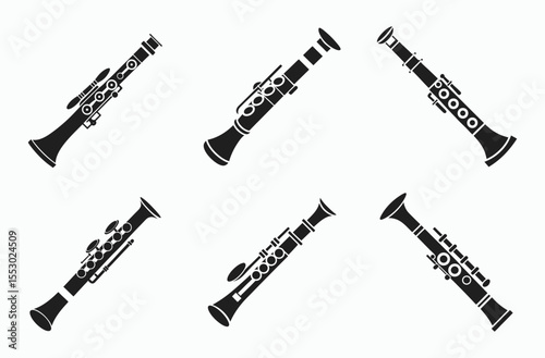 Clarinet silhouette icon set, black wind instrument, minimalist music vector, white background design