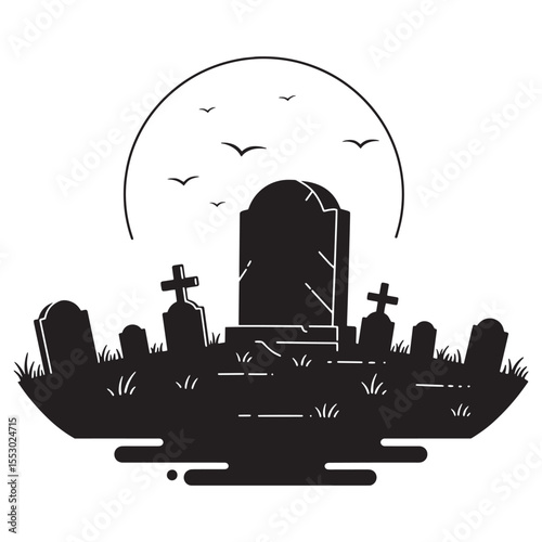 Silhouette of a spooky graveyard featuring headstones moon and flying birds for halloween.
