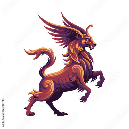 An illustration of a mythical creature, inspired by a griffin, with a fierce expression, and intricate details. The artwork's design is stylish and colorful