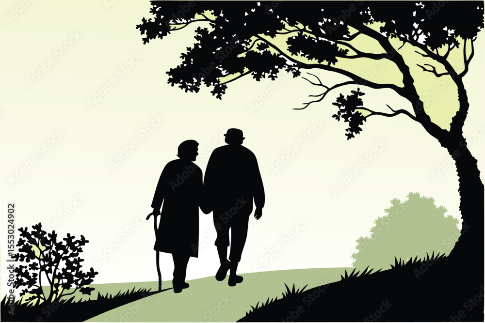 Silhouette of an elderly couple walking hand in hand against a light background Silhouette of an elderly couple walking hand in hand against a light background