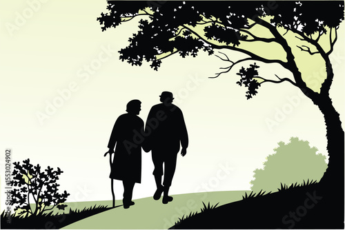 Silhouette of an elderly couple walking hand in hand against a light background