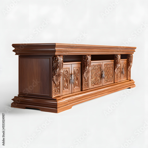 A wooden entertainment center with four drawers and a silver knob