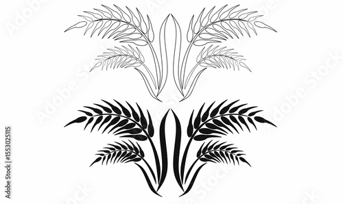 Vector ornament of symmetrical wheat ears and seed with leaves in outline and solid style. Ideal for farming logos, organic packaging, emblems, and decorative design.