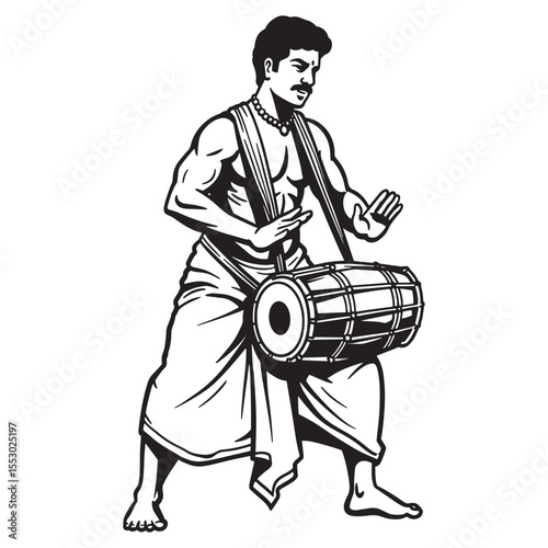 South indian man performing with a traditional drum in black and white illustration