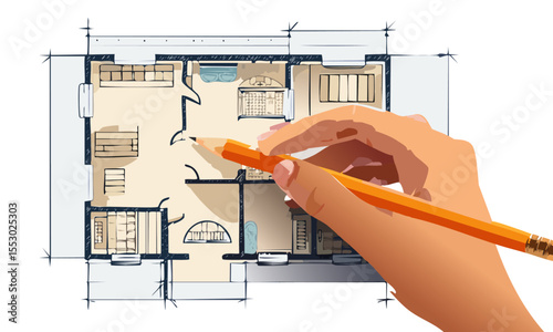 Floor plan sketch house with pencil in hand sign
