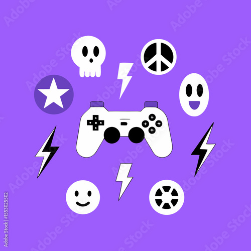 A vibrant illustration featuring a gaming controller surrounded by playful icons on a purple background.