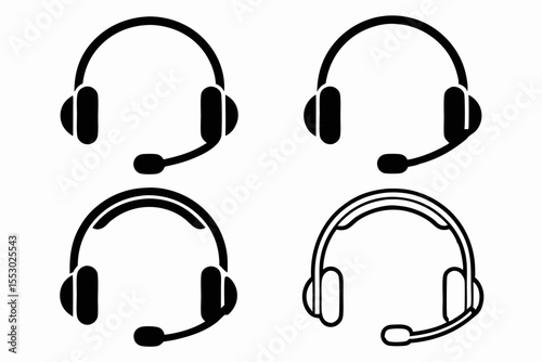 Modern Black Headphone with Mic Icons for Customer Service and Online Collaboration