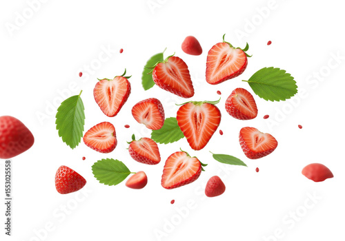 Freshly sliced strawberries in mid-air, with green leaves isolated on transparent png