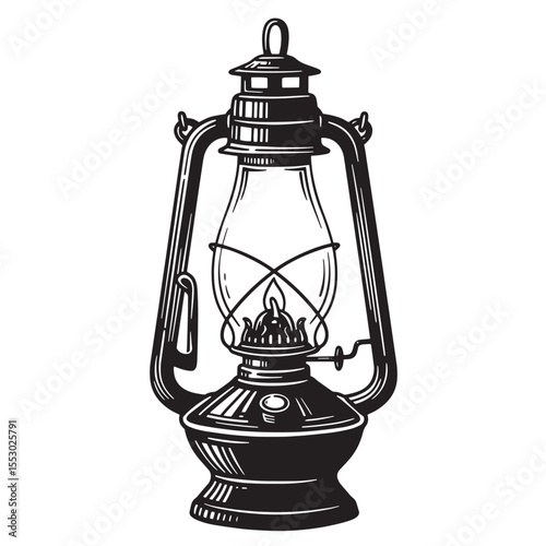 Vintage kerosene lantern illustration featuring detailed engraving style for camping and adventure themes.