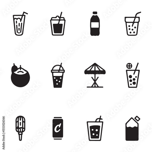 A set of nine black and white icons representing various summer beverages and beach-related items vector art on white