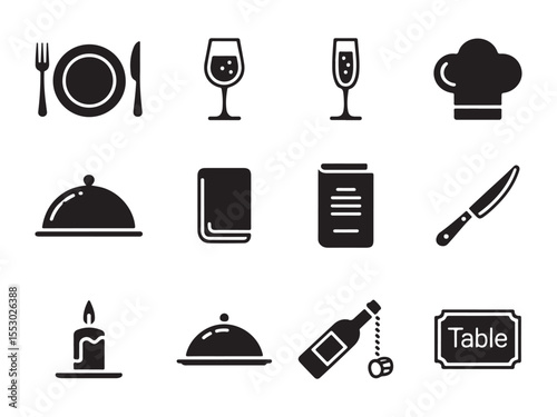 A collection of black silhouette icons representing various elements of a restaurant, A collection of black silhouette icons representing various elements of a restaurant.