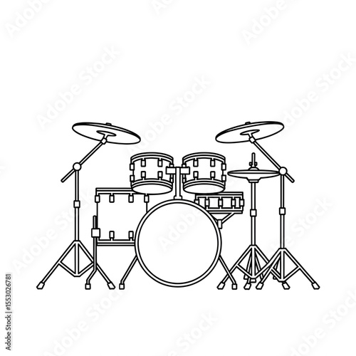 A black and white drum kit illustration line art of a coloring page