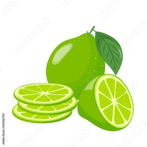 Lime icons set. Bright whole fruit, half, slices with leaves. Food for a healthy diet, dessert and lemonade. Elements for spring and summer design. Vector illustration
