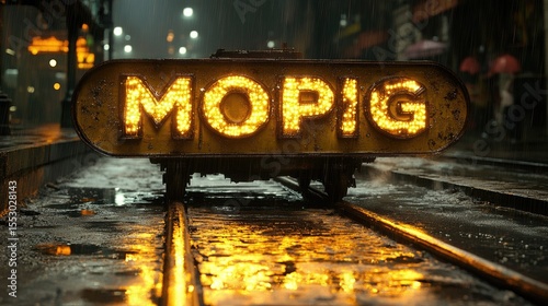 Rainy Night with Illuminated Sign, and City Street.