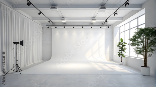 Professional photography studio with white cyclorama lighting equipment and large window