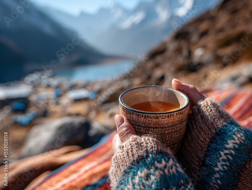 Closeup photo of cup with tea in traveler hand drink from a cup and enjoy the scenery in the mountains