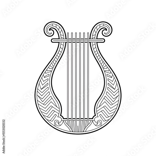 A black and white lyre illustration vector style coloring page