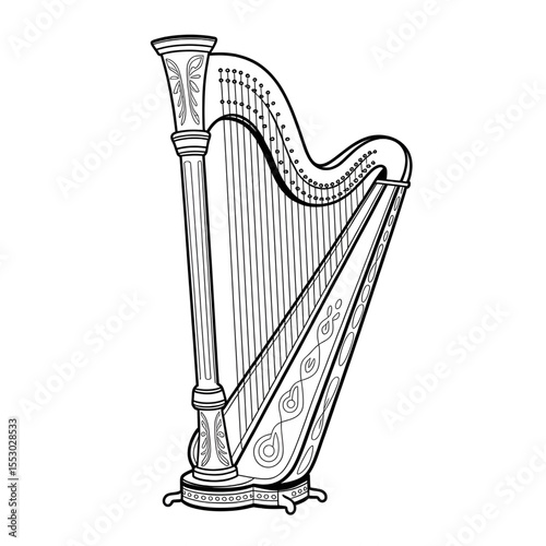 A black and white harp illustration vector style coloring page 
