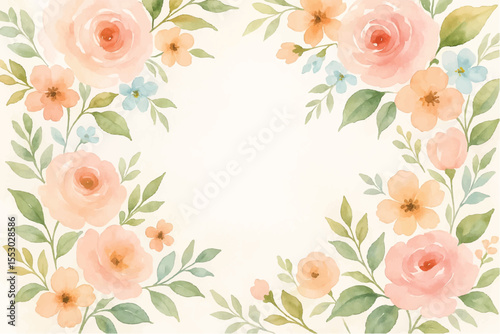 Vintage floral background with romantic pink roses, elegant frame, and decorative hearts for a wedding or Valentine's Day card design