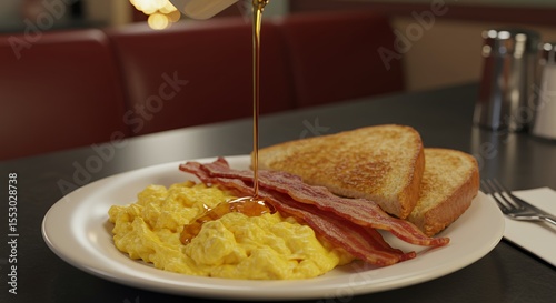 Golden Syrup Drizzles onto a Delicious Diner Breakfast of Scrambled Eggs, Bacon, and Toast