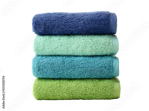 Stack of four colorful fluffy bath towels, Isolated On Transparent Background