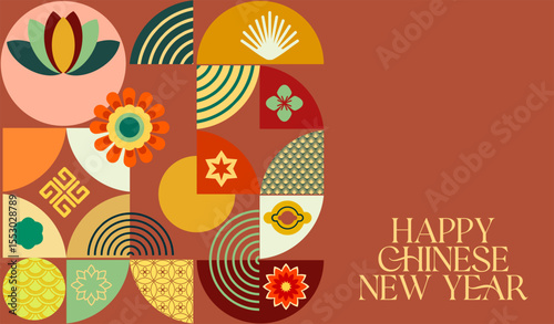 Chinese New Year - a fully editable poster in Asian style for the Eastern New Year holiday. Digital illustration, flat, cartoon style in bright colors with text.