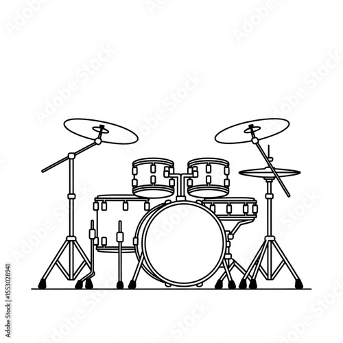 A black and white drum kit illustration line art of a coloring page 