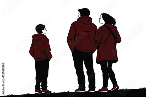 Happy family couple with teenagers enjoying time together in silhouette
