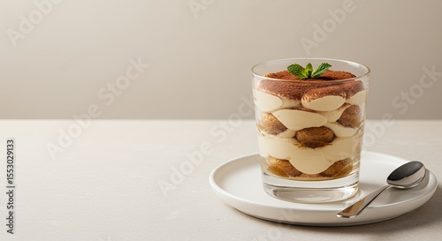 Indulge in this elegant glass of layered tiramisu, a delightful Italian dessert, perfectly presented for a sophisticated treat.