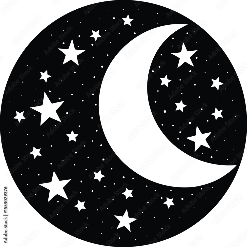 Naklejka premium Silhouette of a Crescent Moon and Stars
