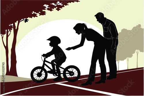 Family teaching child to ride a bicycle parents and kid on a bike adventure