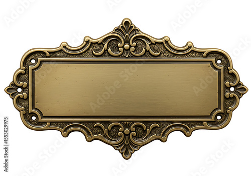 An ornate, vintage brass nameplate with a blank rectangular space, surrounded by detailed decorative flourishes and a Transparent background.