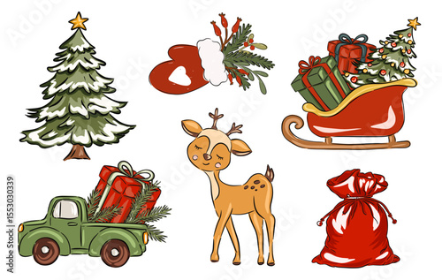 Christmas elements set with tree gifts sleigh deer truck mitten and red bag. Vector illustration