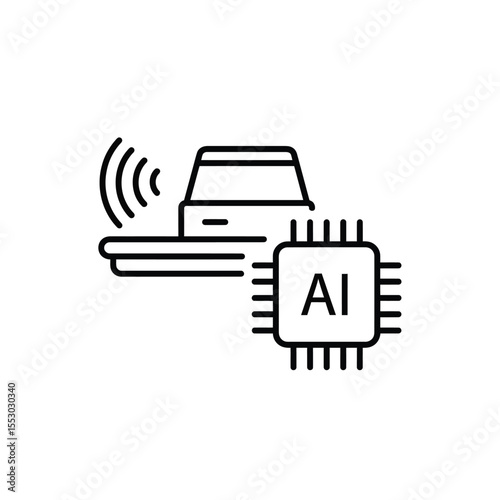 Line art illustration depicting a car emitting wireless signals connected to an A I microchip black and white technology concept