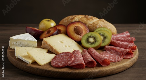 Indulge in this rustic charcuterie board featuring creamy cheeses, savory salami, juicy plums, and refreshing kiwi.