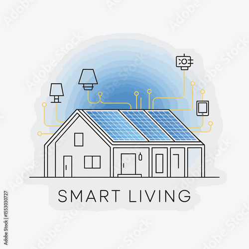 Line art illustration depicting a smart home with solar panels on the roof connected to various smart devices including lamps a tablet and a security camera light blue background S M A R T