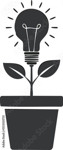 Idea Grows: A striking, graphic representation of a lightbulb blossoming from a plant pot, symbolizing the growth and cultivation of innovative ideas in the field of technology and problem-solving.