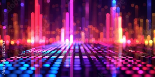 Colorful Digital Equalizer Visualization with Glowing Bars and Dots in 3D Space