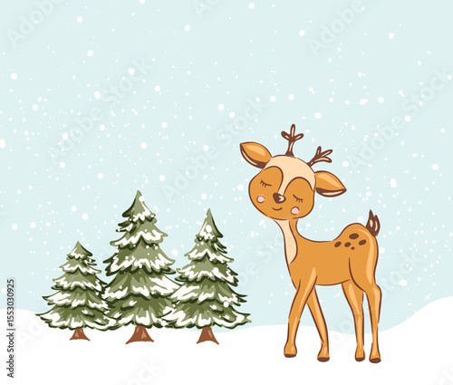 Cute deer standing in snowy forest with fir trees winter Christmas background. Vector illustration