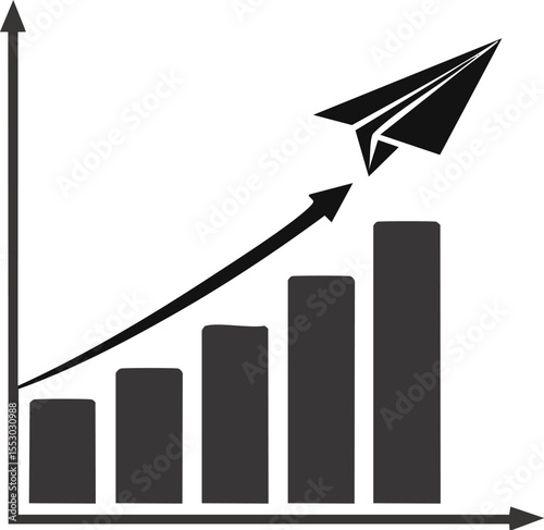 Soaring Above: A striking graph depicts upward growth and progress, symbolized by a paper airplane, taking flight towards the sky. Embodying concepts of financial expansion, business evolution.
