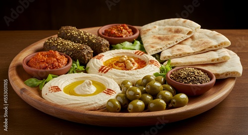Indulge in a vibrant platter of Mediterranean delights: hummus, pita, olives, and flavorful dips.