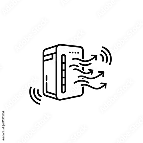 Line Art Illustration of a Smart Air Purifier Cleaning and Circulating Air with Arrows Indicating Airflow and Wifi Signals Indicating Smart Functionality