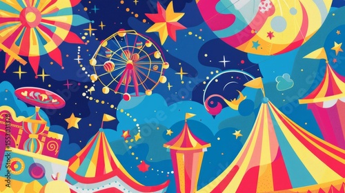 Bright background with rides and stars. Ideal for decorating children's events and holidays.