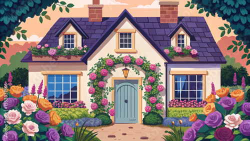 charming English cottage garden featuring blooming roses, ivy-covered walls, and lush greenery vector ideal for countryside, floral, or romantic design themes