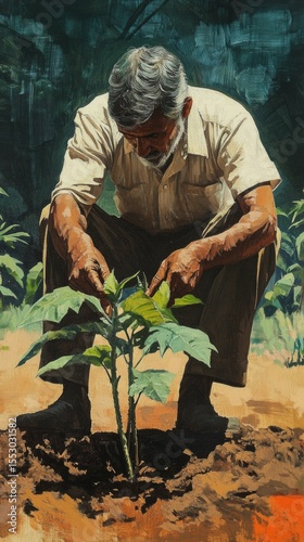 An elderly man in the garden tending to a plant. Useful for articles about gardening and agriculture.
