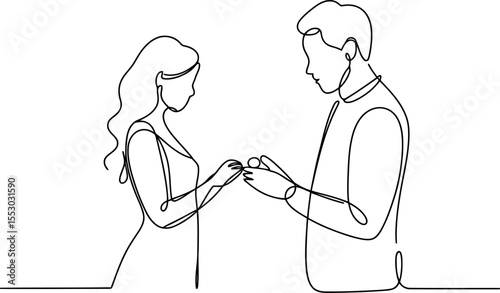 A man presents a ring to a woman in this tender moment captured with a single, unbroken line. The image beautifully illustrates a marriage proposal, symbolizing love and commitment.
