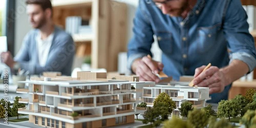 Architects Working on Modern Residential Building Model in Design Studio