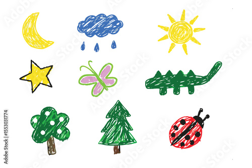 Childlike Wonder: A collection of delightful crayon-drawn elements of nature and fantasy, each with a unique style, color and charm