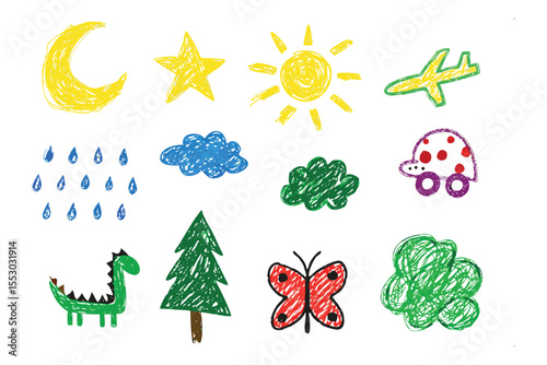 Childhood Whimsy: A vibrant collection of childish drawings, exuding a charming innocence, features a radiant sun, a smiling moon, and an array of other cheerful objects.
